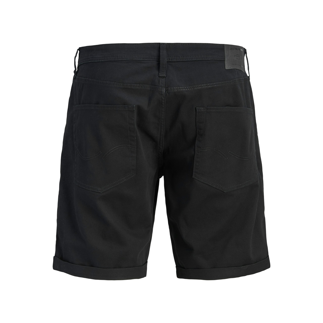 Calções pretos de tecido com bolsos traseiros