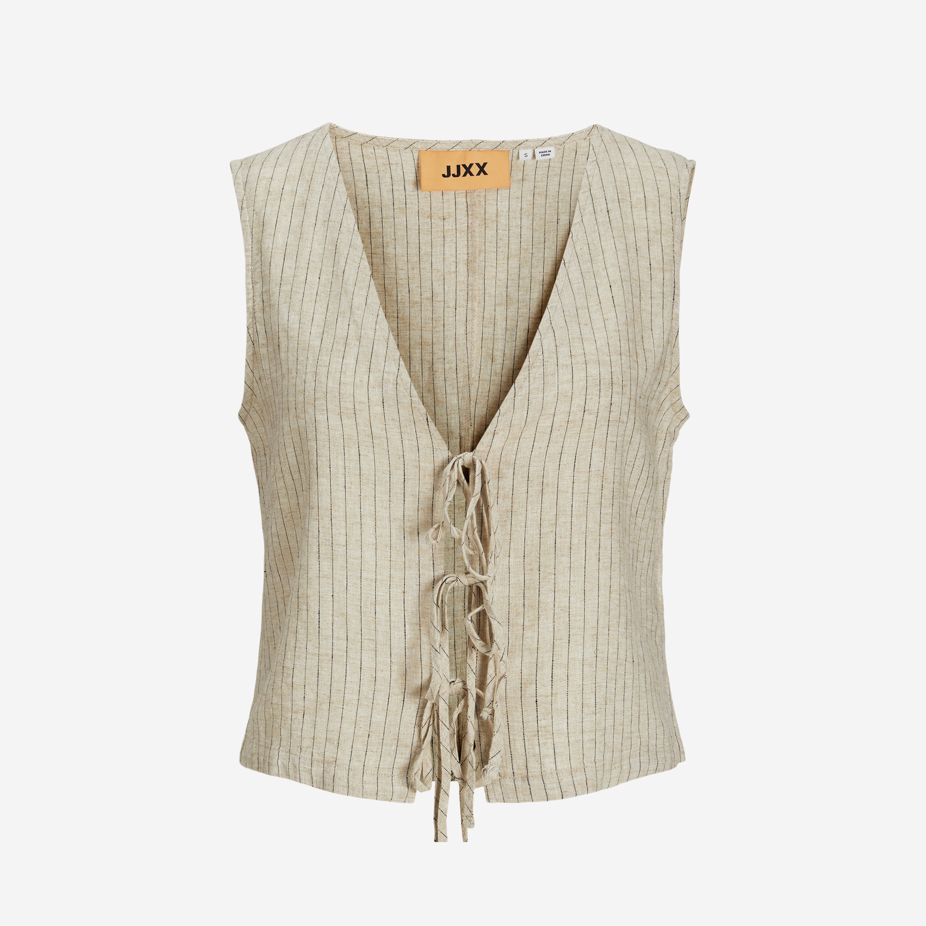 Top feminino bege com riscas finas pretas e cordões à frente
