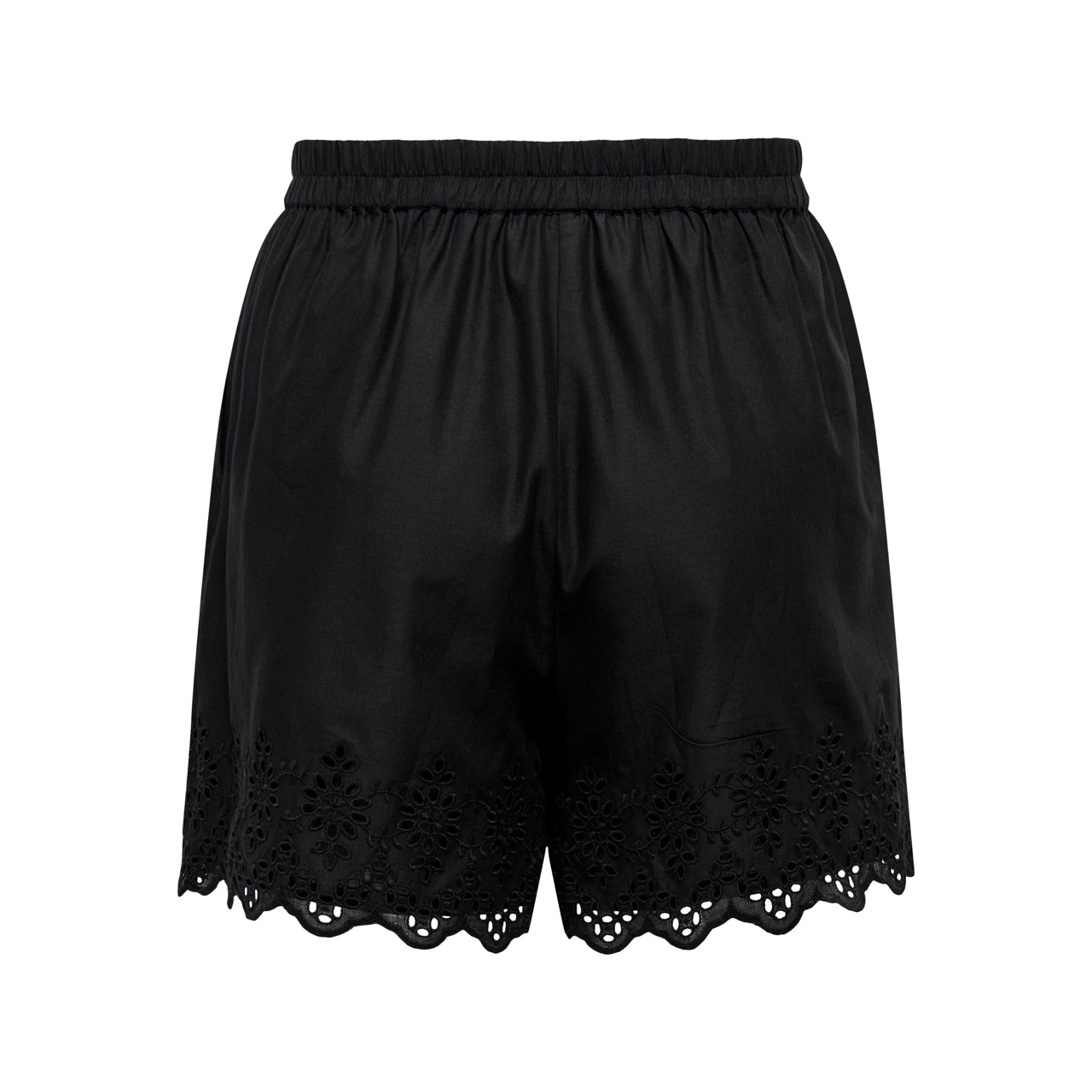 Calções pretos com renda floral e cós elástico