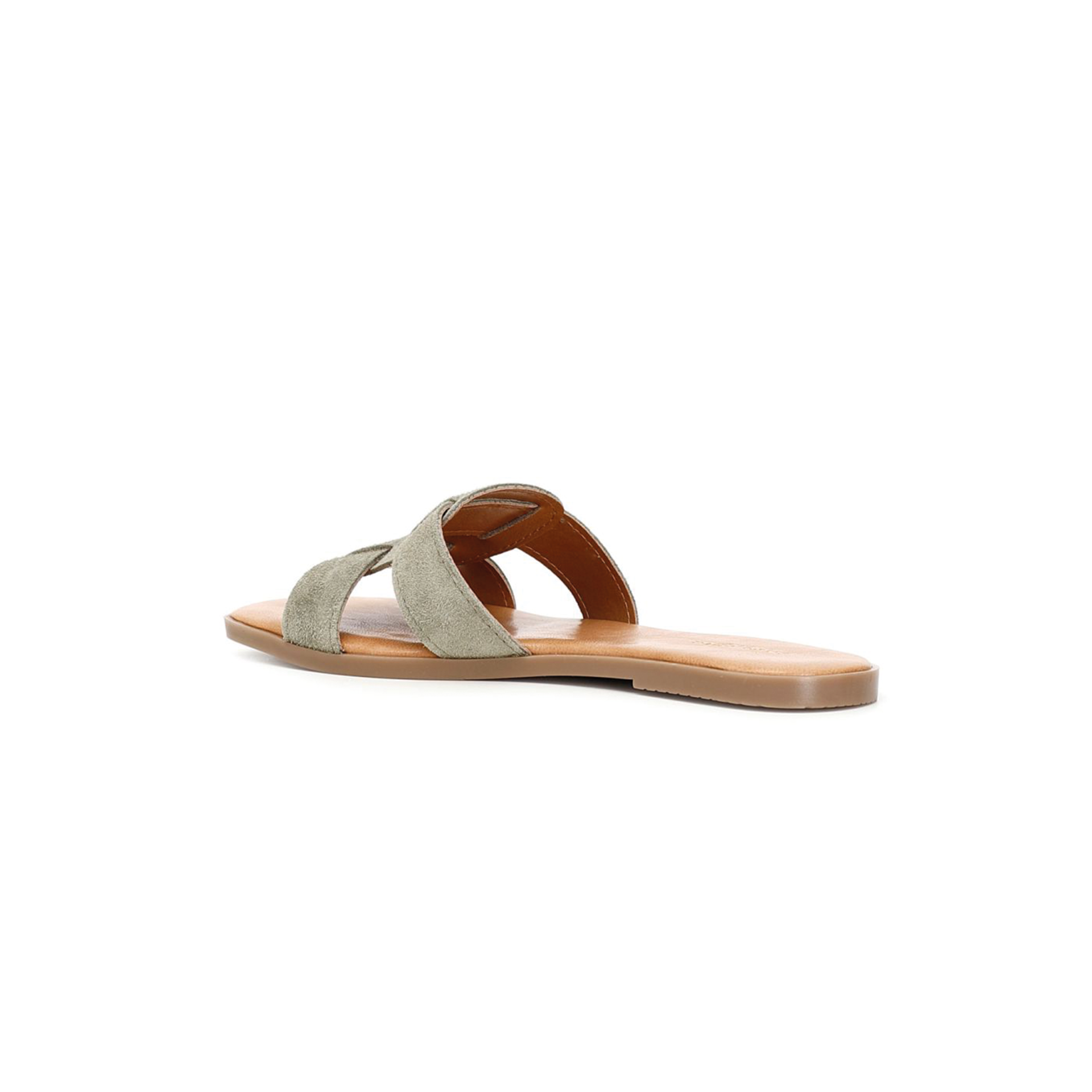 Chinelo feminino plano com tiras verdes cruzadas em tecido.