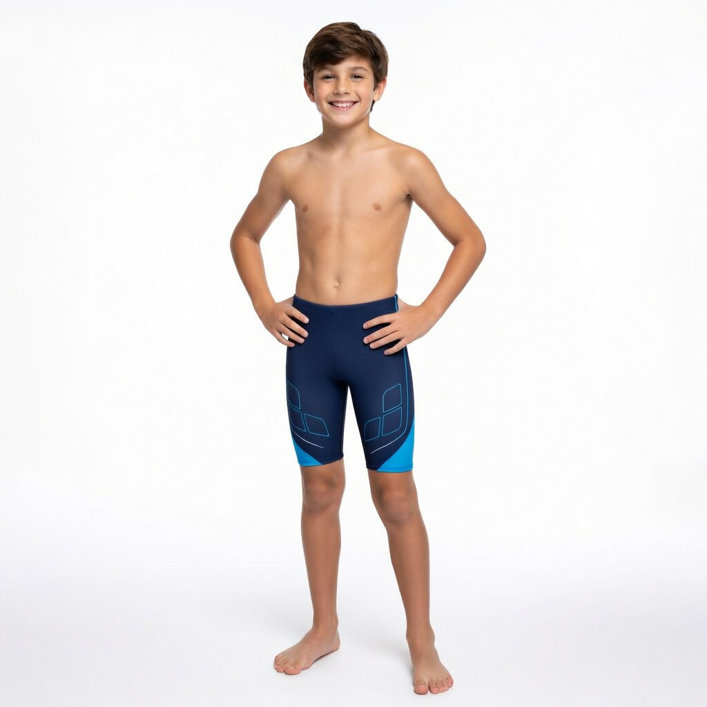 Rapaz com calções de banho azuis escuros com detalhes em azul claro