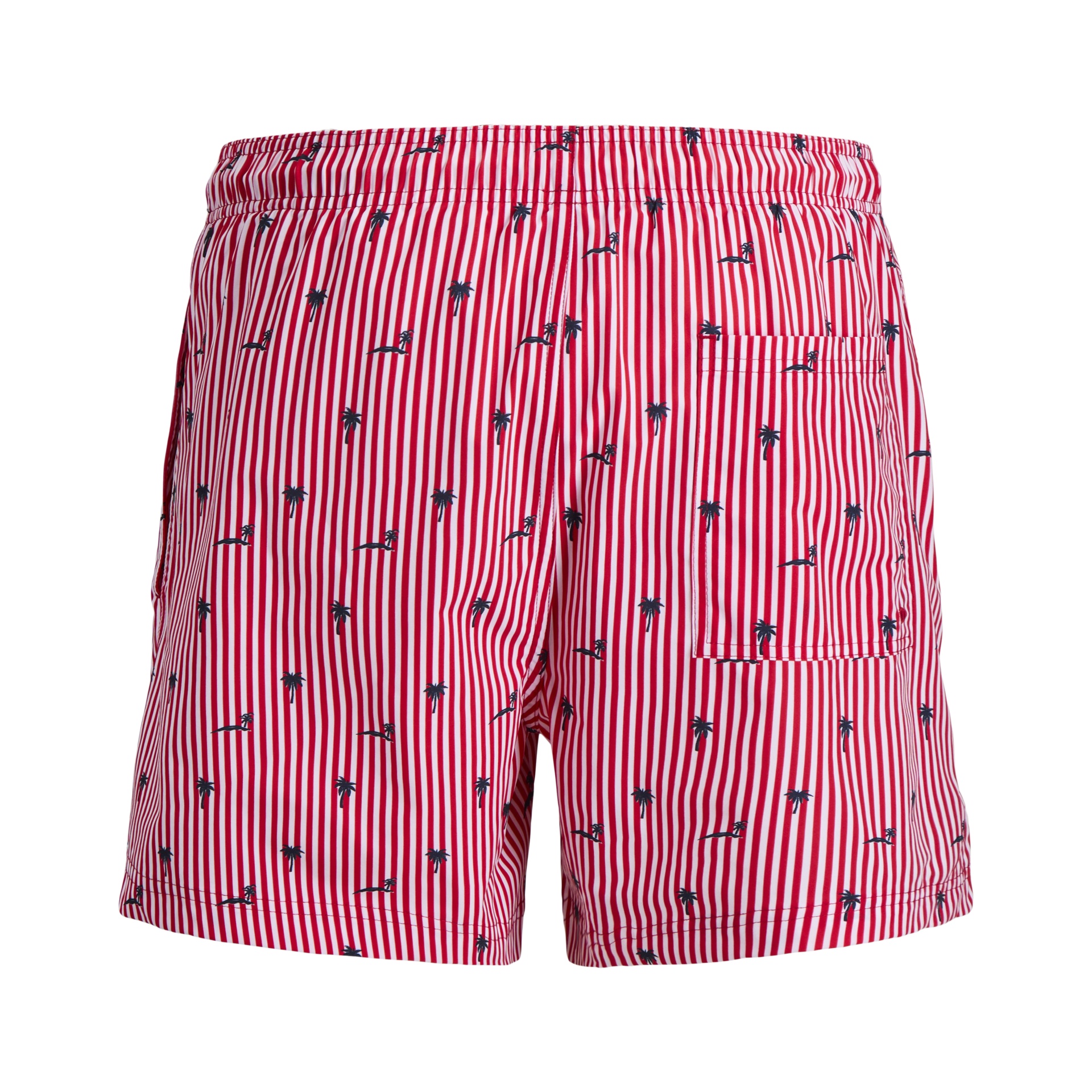 Boxers vermelhos e brancos com padrões azuis, vista lateral