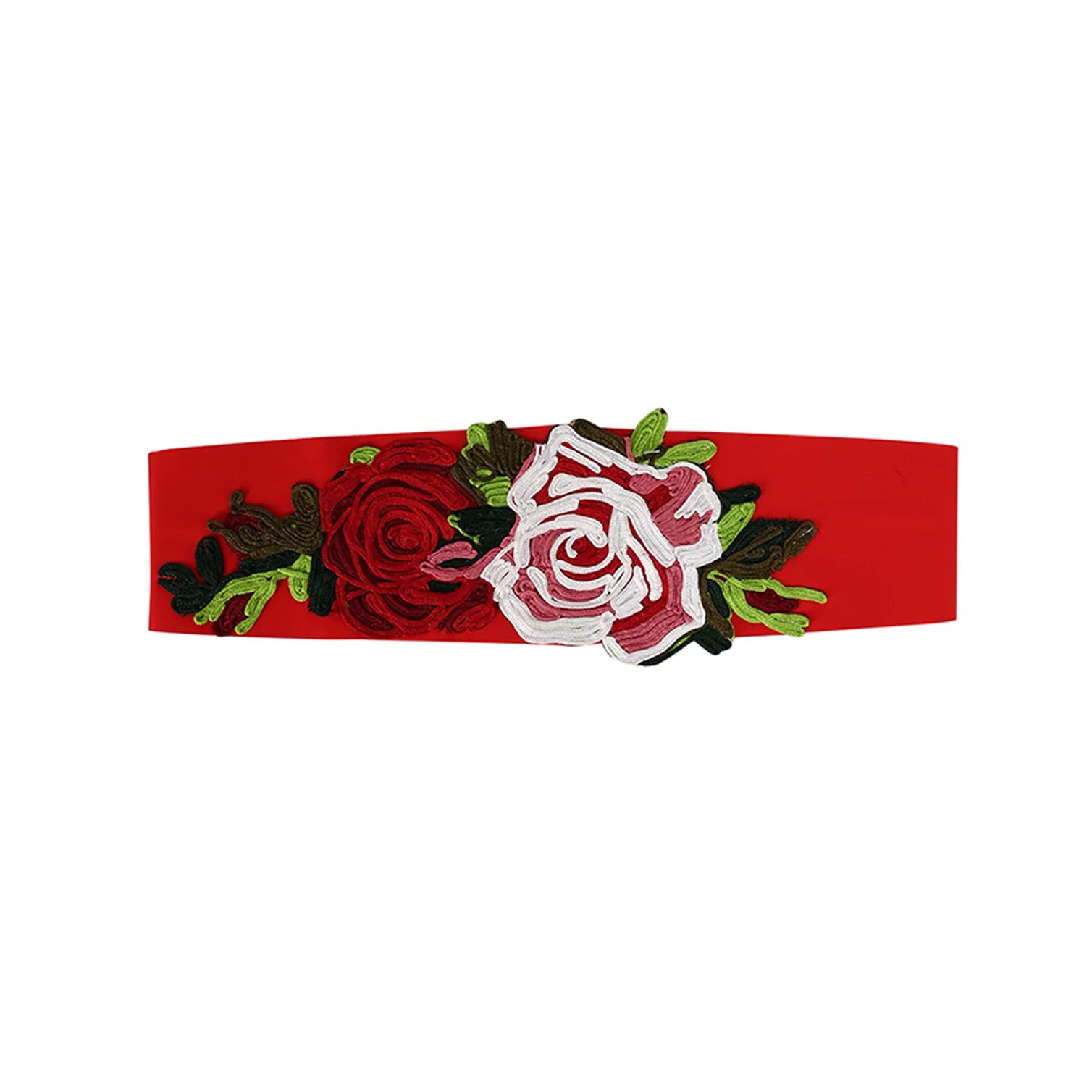 Cinto vermelho com bordado de flores vermelha, branca e verde