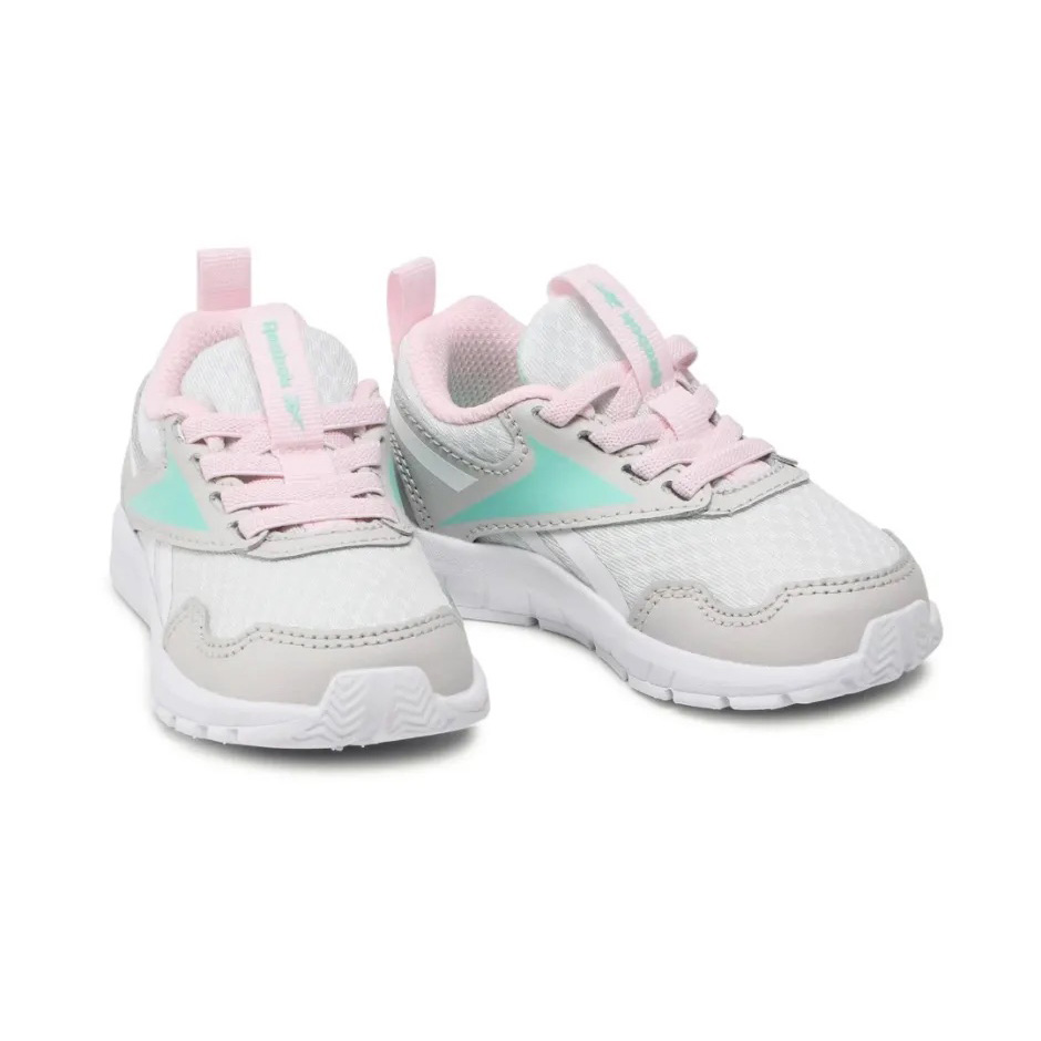 Sapatilhas infantis brancas com detalhes rosa, cinza e verde água