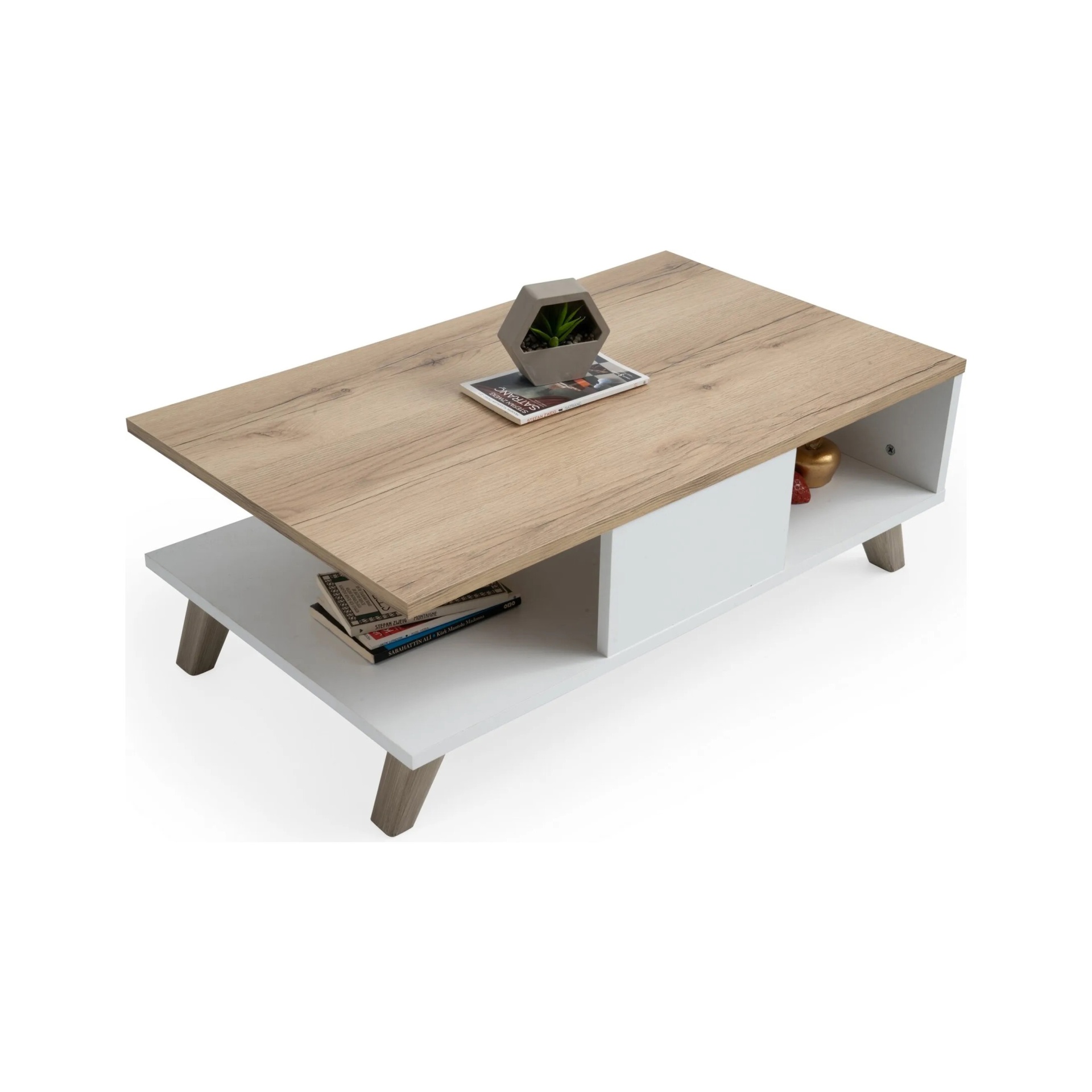 Mesa de centro em madeira com tampo castanho claro e base branca, com objetos decorativos e livros.