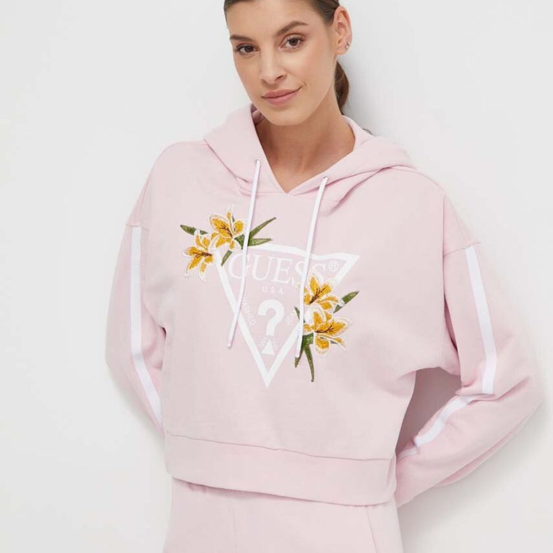 Sweatshirt rosa claro com estampa GUESS e flores bordadas