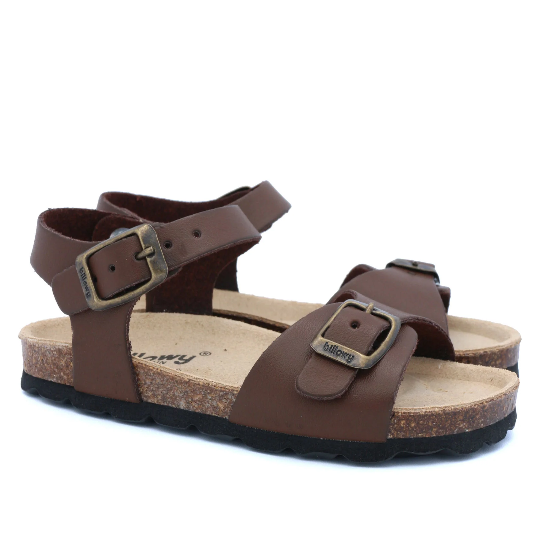 Sandálias castanhas com duas fivelas metálicas e sola de cortiça