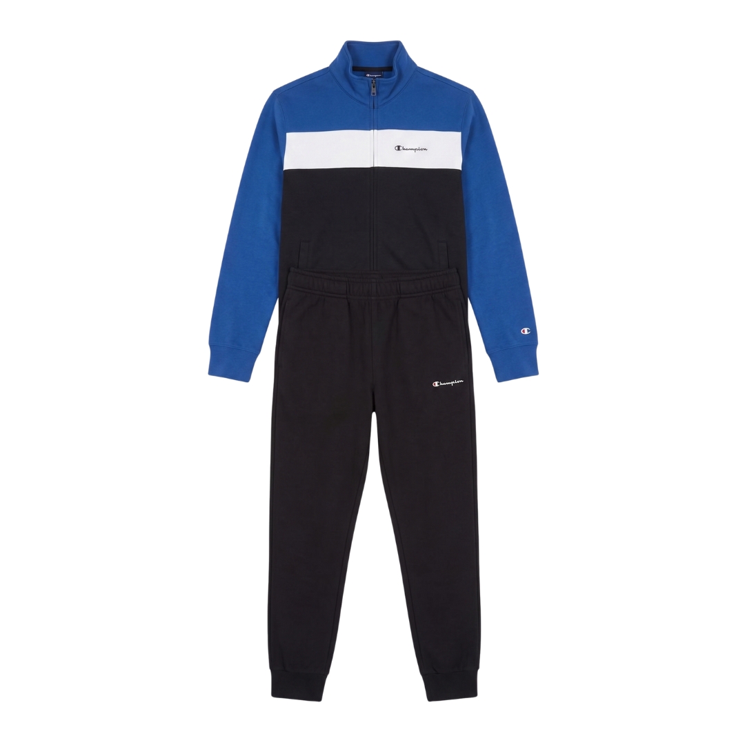 Conjunto de treino Champion azul, branco e preto com casaco de fecho e calças
