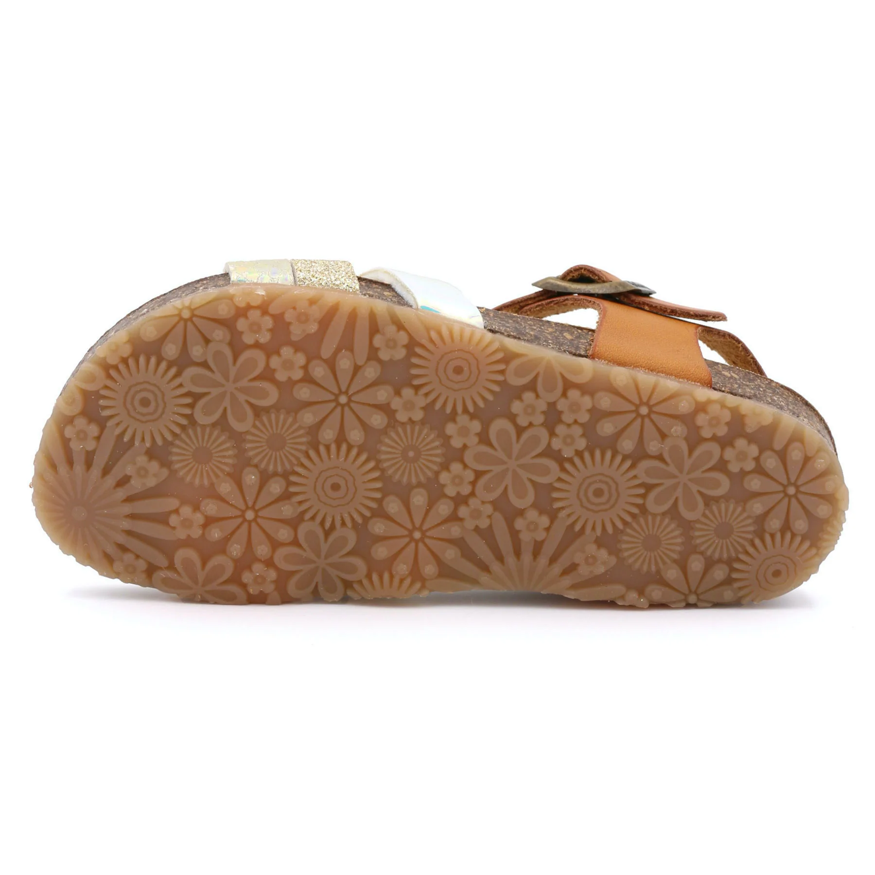 Sola de sandália infantil com padrão de flores em borracha castanha