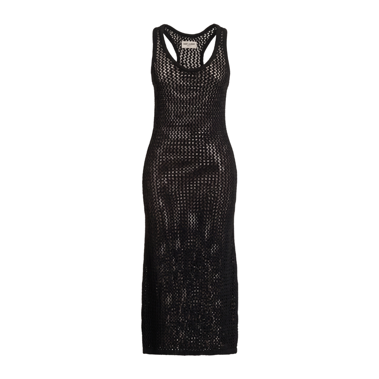 Vestido comprido preto de malha aberta com etiqueta Saint Laurent.