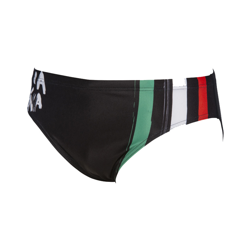 Calção de banho masculino preto com detalhes em verde, branco e vermelho e texto em branco