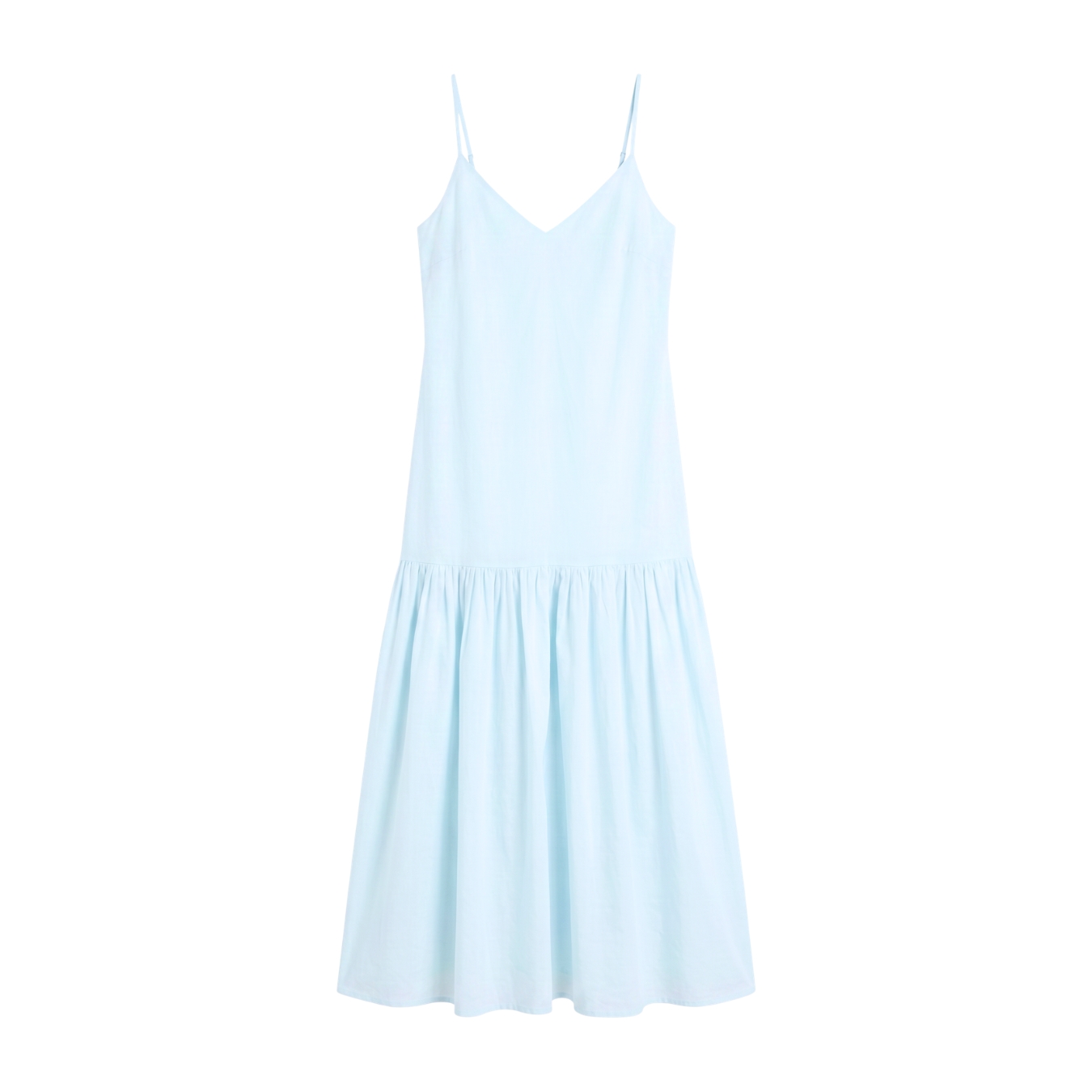 Vestido azul claro comprido com alças finas e saia franzida