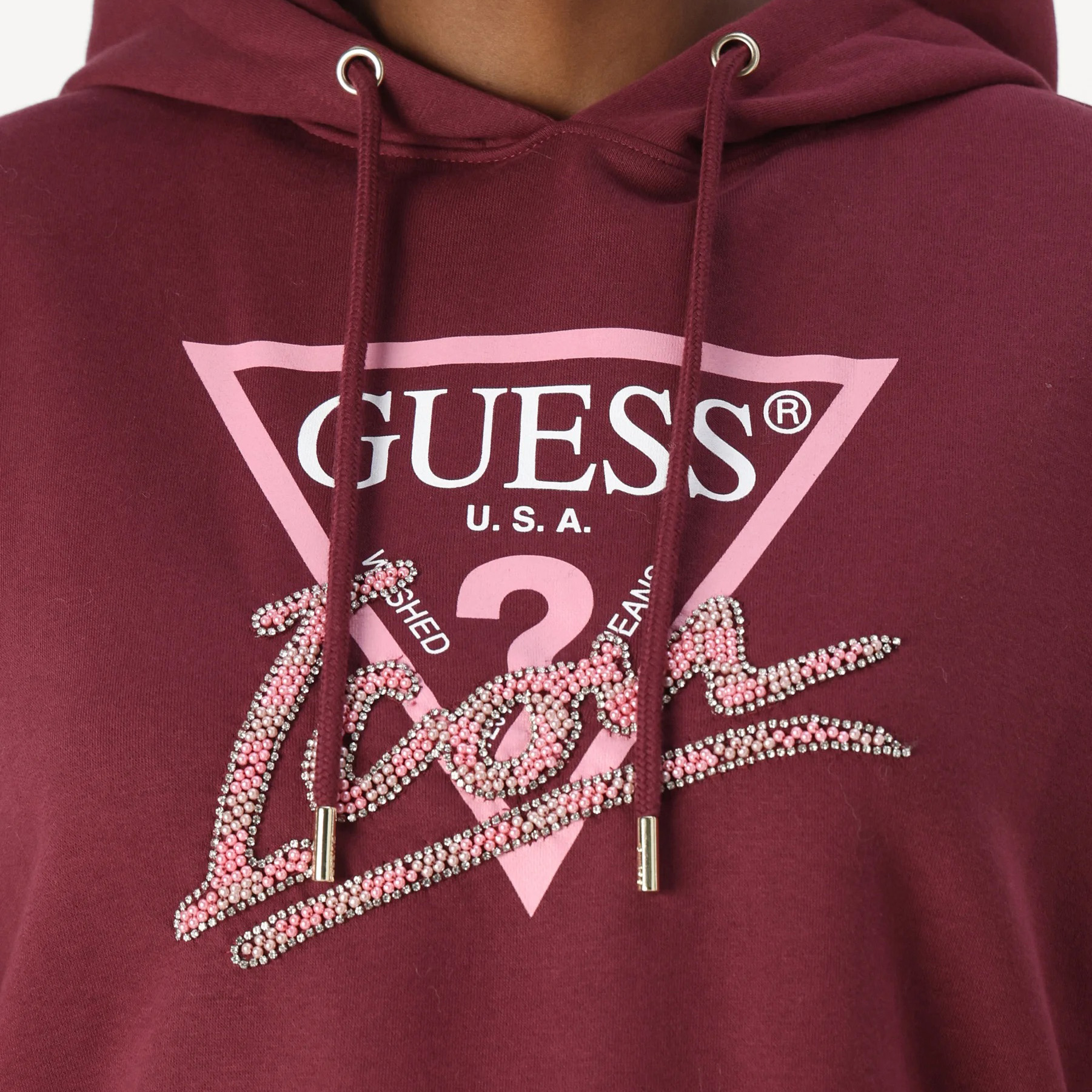 Camisola bordô com capuz e logo Guess Icon em miçangas e estampado rosa