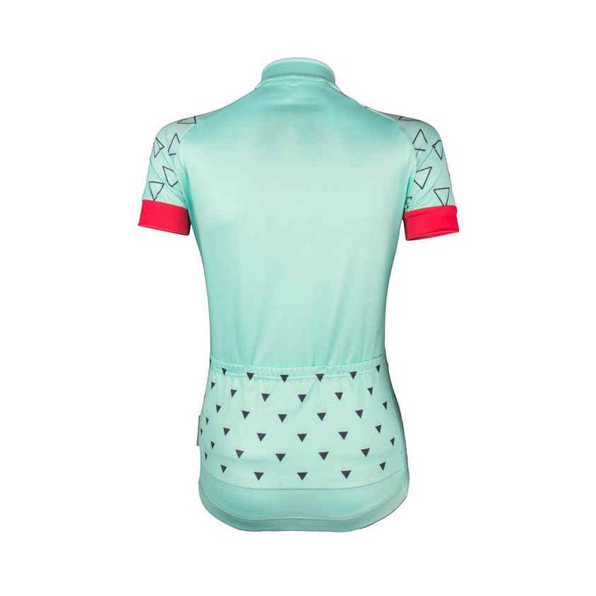 Camisola de ciclismo azul clara com punhos vermelhos e triângulos pretos