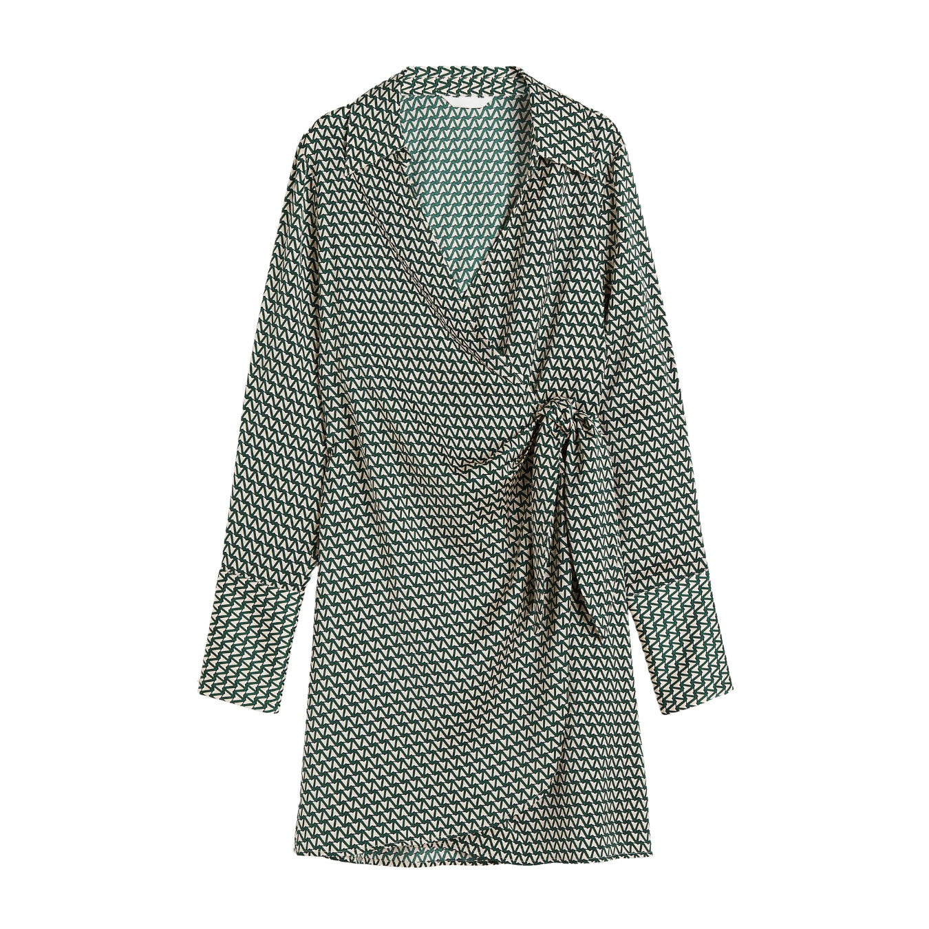 Vestido branco e verde com padrão geométrico e laço lateral