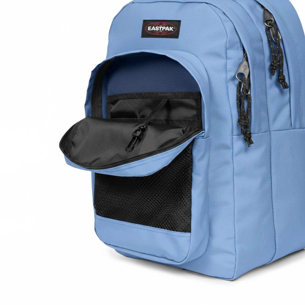 Mochila azul Eastpak com bolsos frontais abertos e detalhes pretos