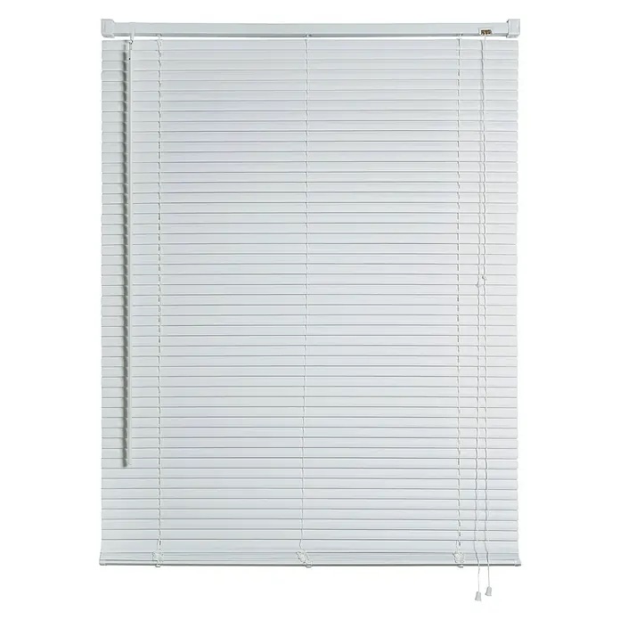 Estores venetianos em material plástico branco com tiras horizontais