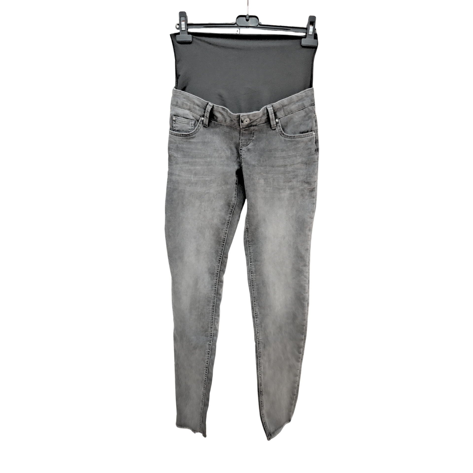 Calças de ganga cinza com cós preto elástico suspensas