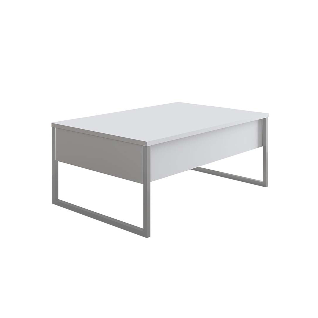 Mesa de centro branca com estrutura metálica cinza prateada
