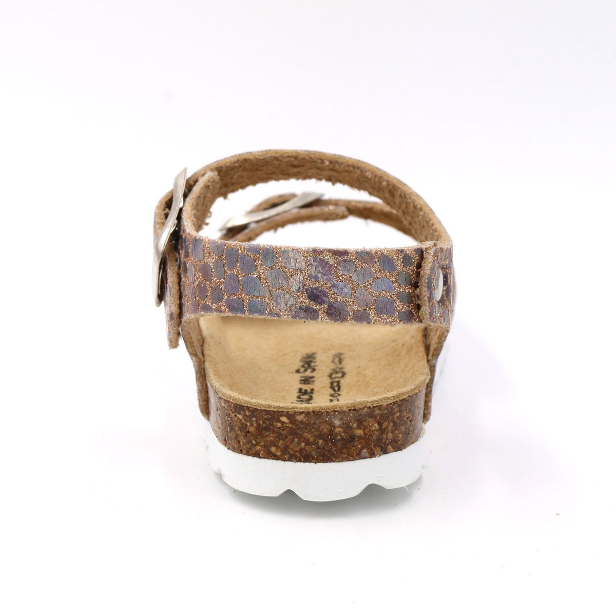 Sandália castanha com sola branca e tiras em padrão animal print