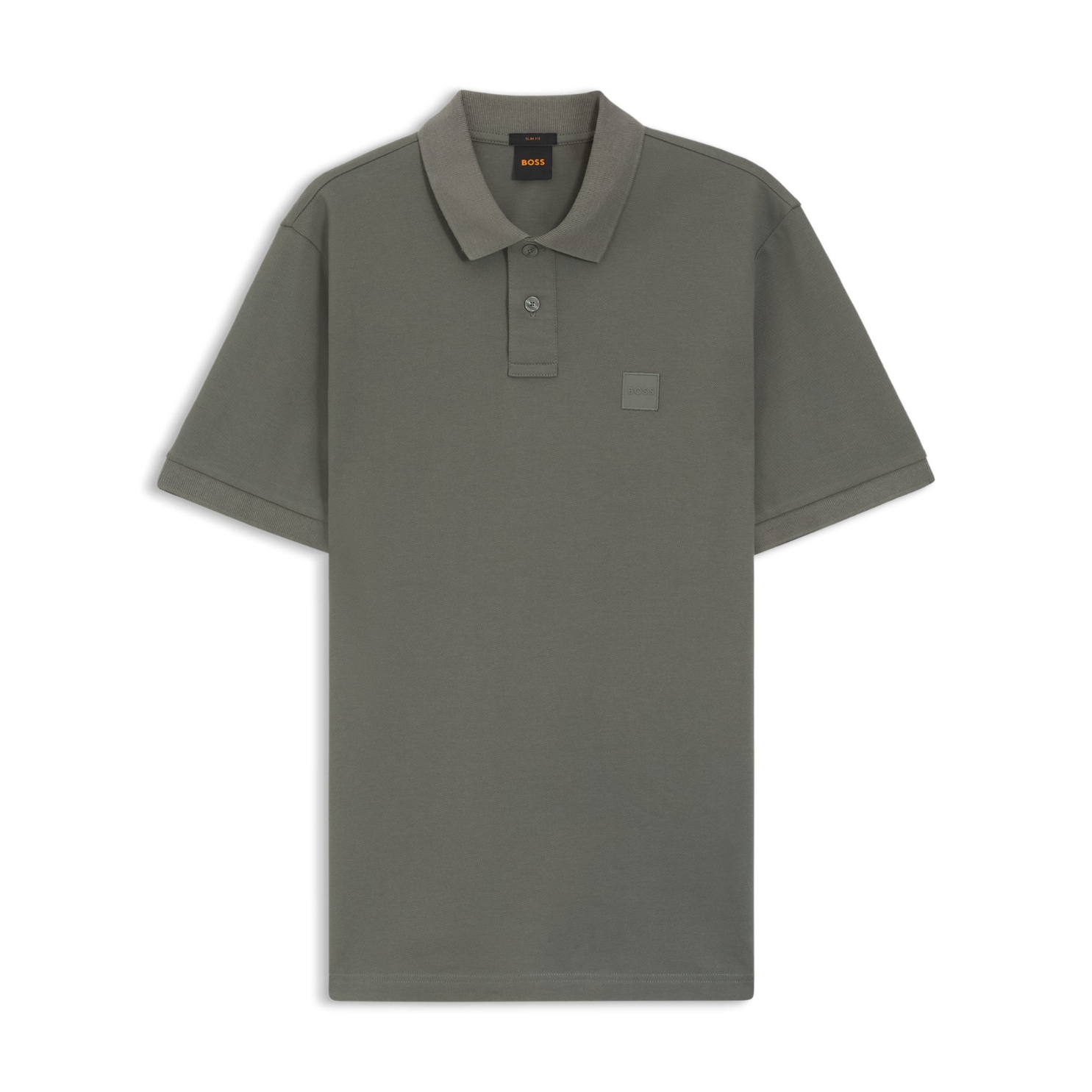 Polo verde oliva slim fit com gola e botões, logo BOSS em relevo e etiqueta BOSS na gola