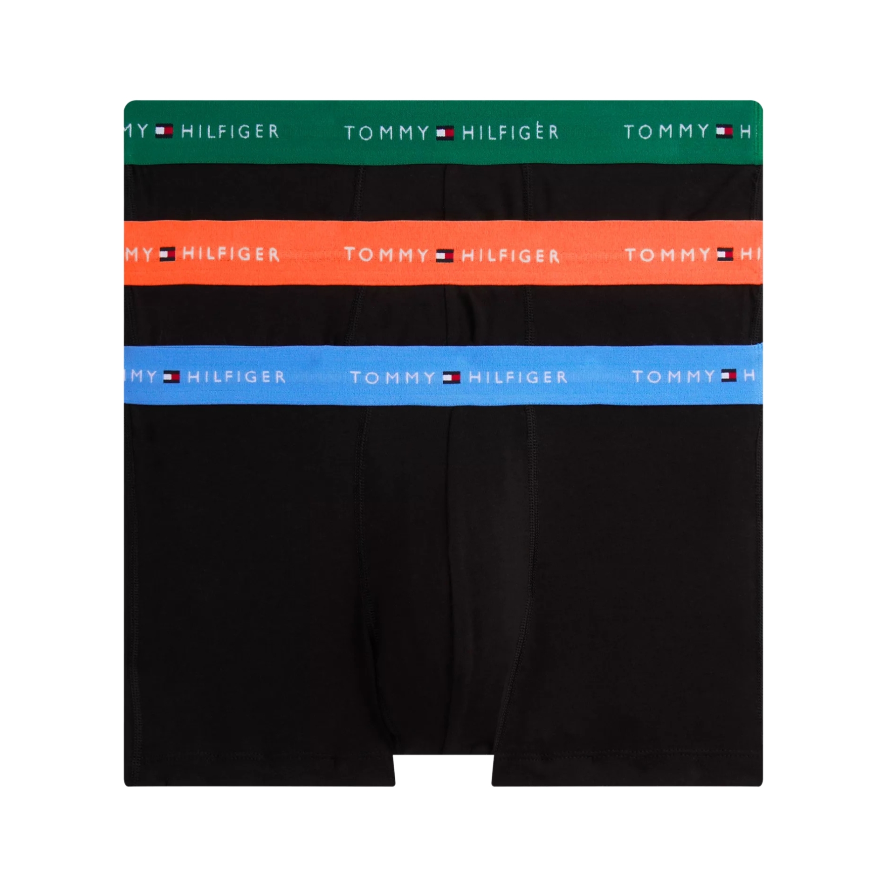 Três boxers pretos Tommy Hilfiger com cós verde, laranja e azul e logo da marca