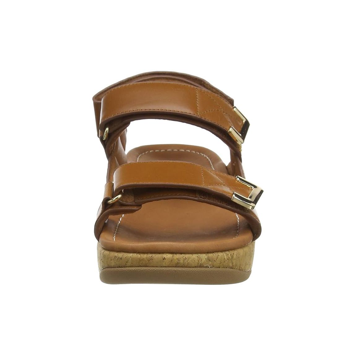 Sandália castanha de senhora com tiras de couro e fivelas douradas vista de frente
