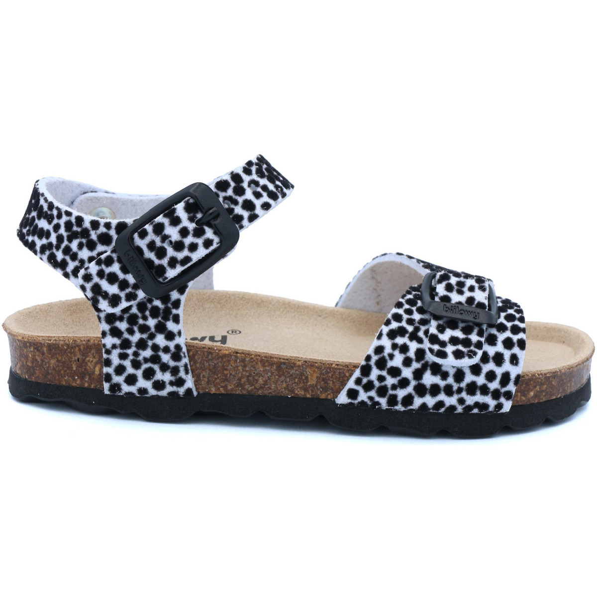 Sandália infantil padrão animal preto e branco com fivelas pretas e sola de cortiça