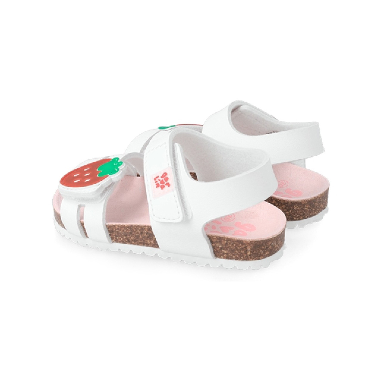 Sandálias infantis brancas com aplique de morango e sola de cortiça