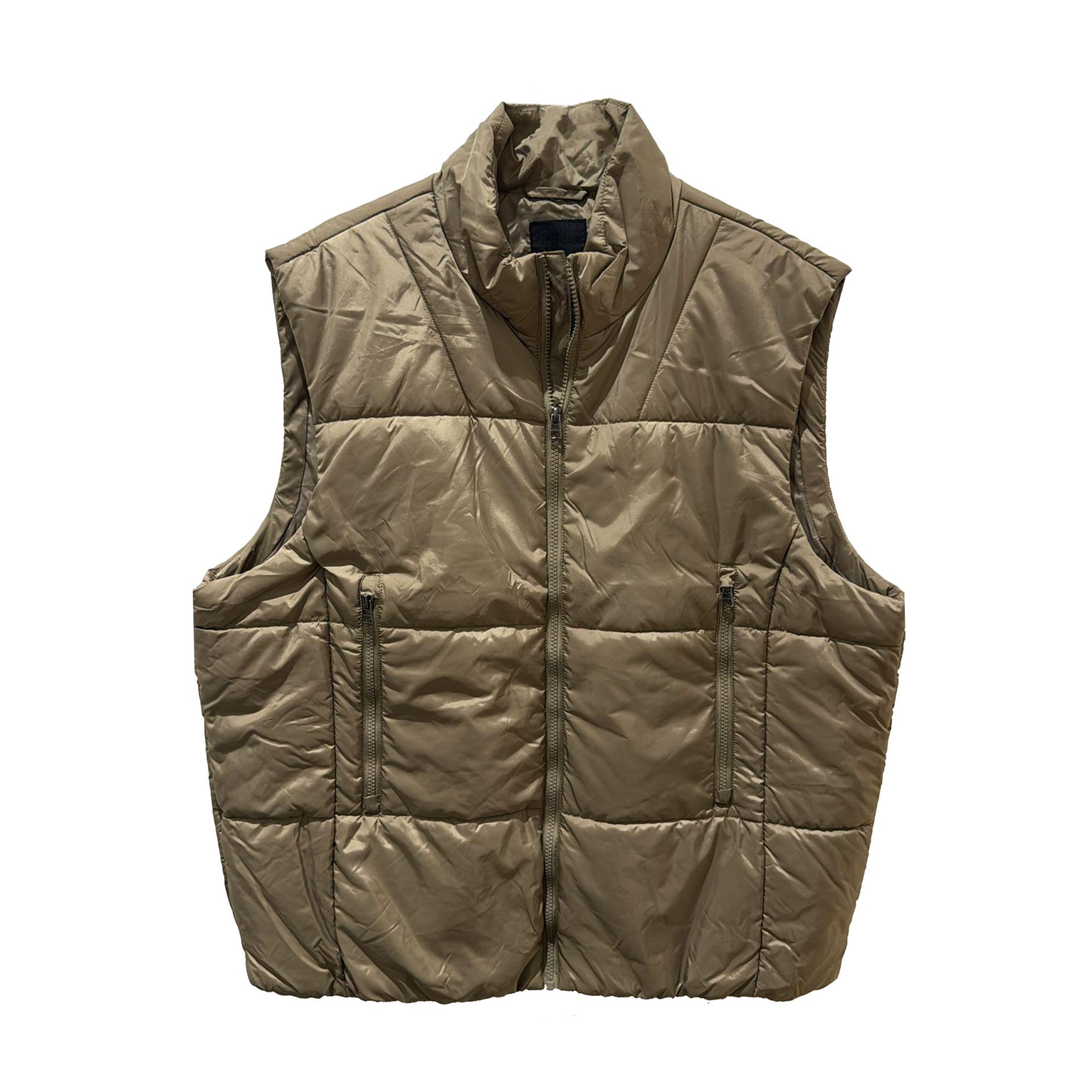 Colete acolchoado castanho claro com fecho e bolsos