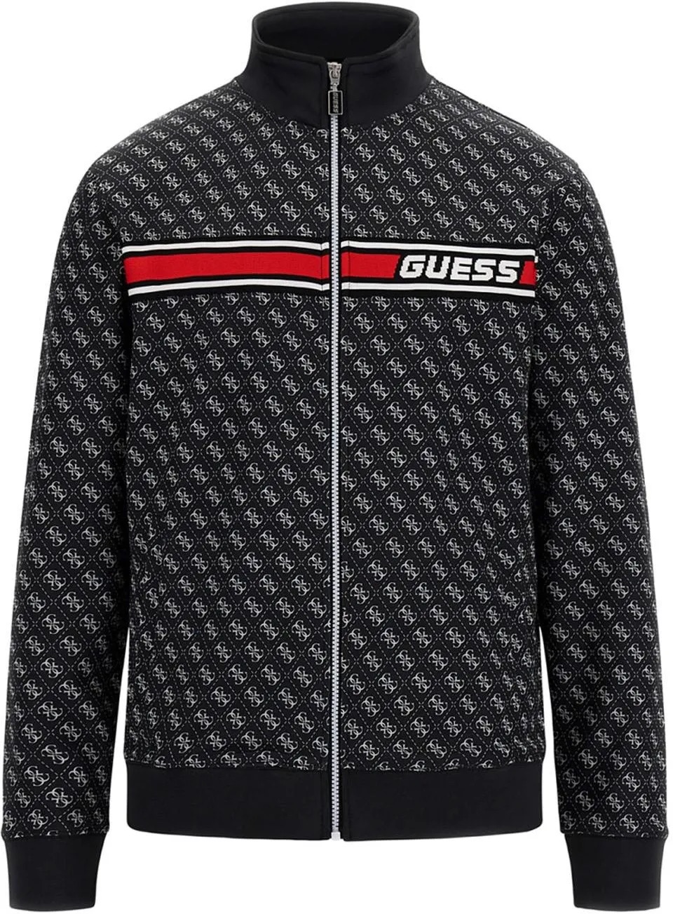 Casaco preto Guess com padrão branco e faixa vermelha com texto GUESS