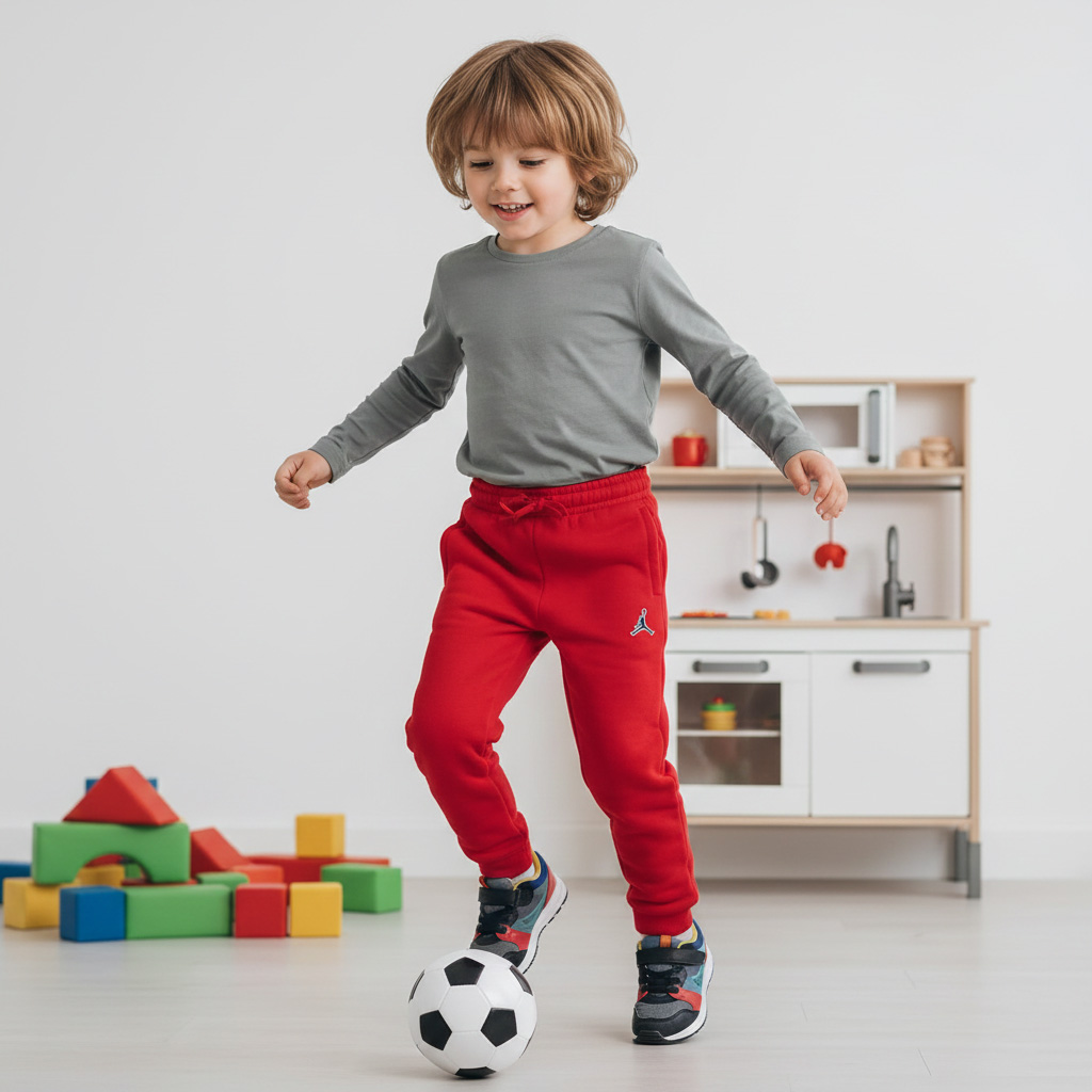 Criança em roupa desportiva a jogar com bola de futebol num quarto com brinquedos
