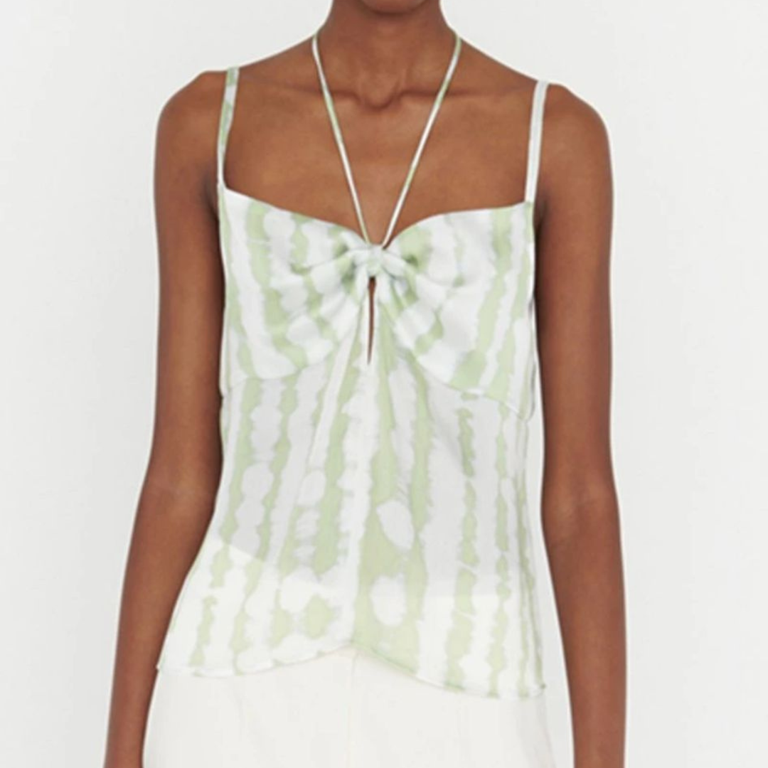 Top feminino verde e branco com alças finas e nó frontal