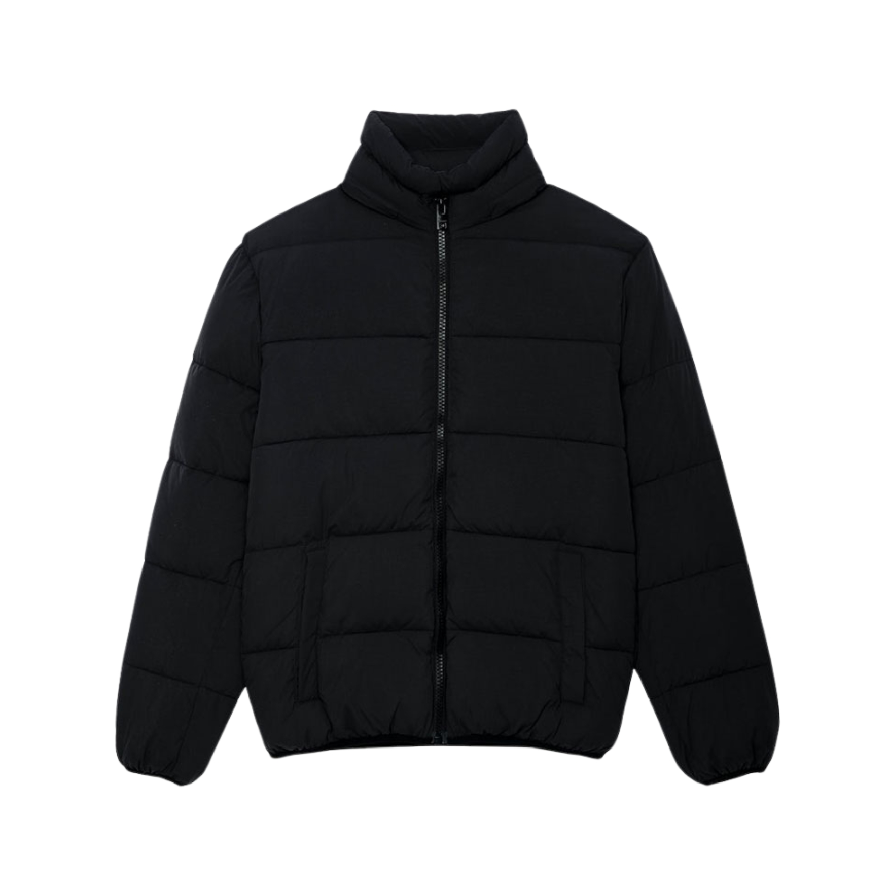 Casaco acolchoado preto com gola alta e fecho