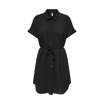 Vestido curto preto com botões e cinto de tecido