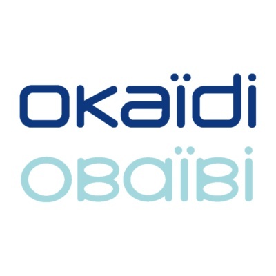 Logótipos okaïdi e obâiïbi em azul sobre fundo branco