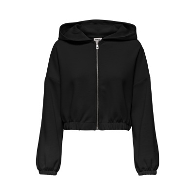 Casaco preto com capuz e fecho zip prateado