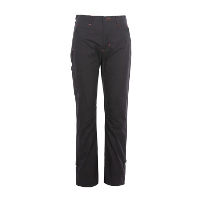 Calças pretas com costuras laranja e bolsos