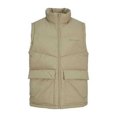 Colete acolchoado bege com fecho de correr e bolsos frontais