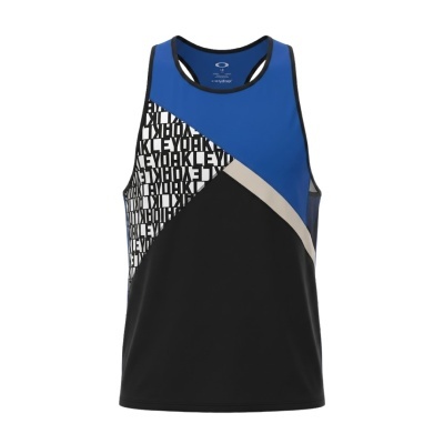 Camisola desportiva azul, preta, branca e bege com padrão de letras