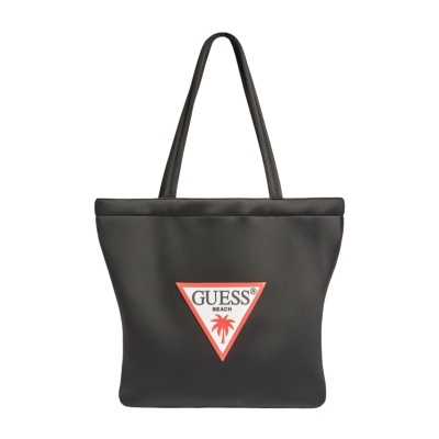 Mala de praia preta com logo GUESS BEACH e palmeira vermelha