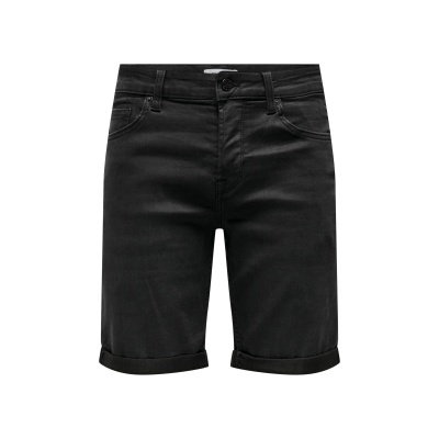 Calções pretos de ganga com bolsos e bainhas viradas