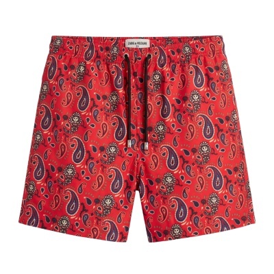 Calções de banho vermelhos com padrão paisley e cordão preto