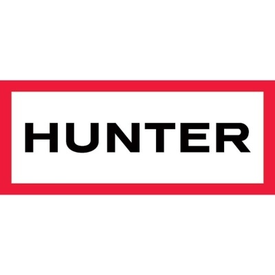 Logótipo da marca HUNTER com letras pretas em fundo branco e moldura vermelha
