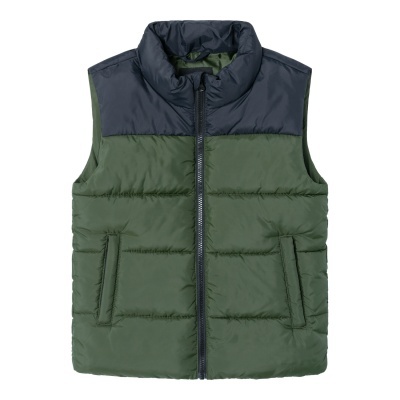 Colete acolchoado verde e azul escuro com fecho de correr