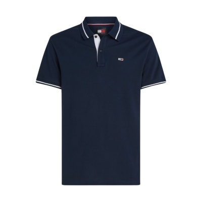 Polo azul escuro com gola e mangas com risca branca e logótipo bordado