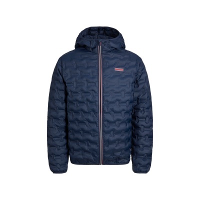 Casaco acolchoado azul escuro com capuz e fecho de correr