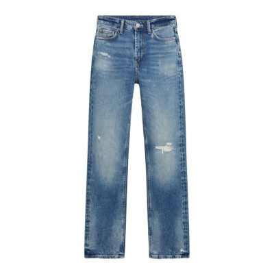 Calças de ganga azuis desbotadas com rasgos pequenos