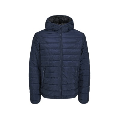 Casaco acolchoado azul escuro com capuz e fecho