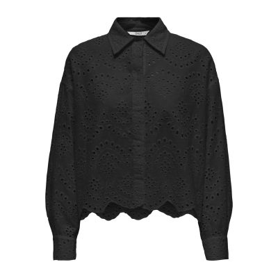 Camisa preta bordada de mangas compridas com gola e botões escondidos